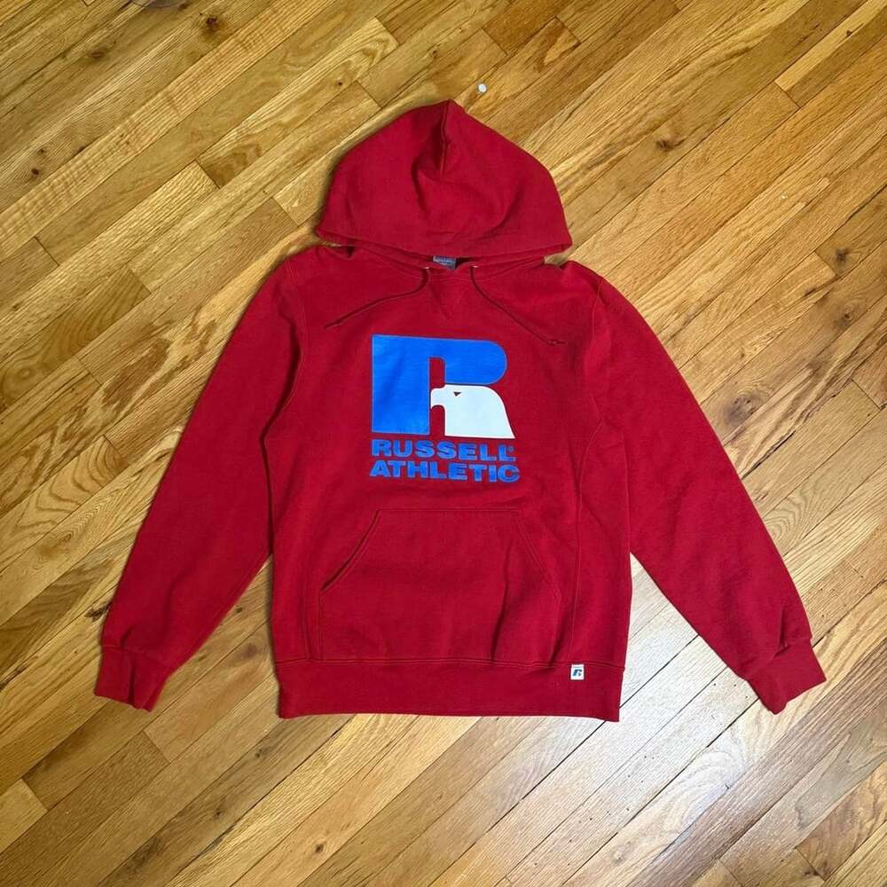Russell Athletic Hoodie Size M Red Big Logo Pullover Sweatshirt